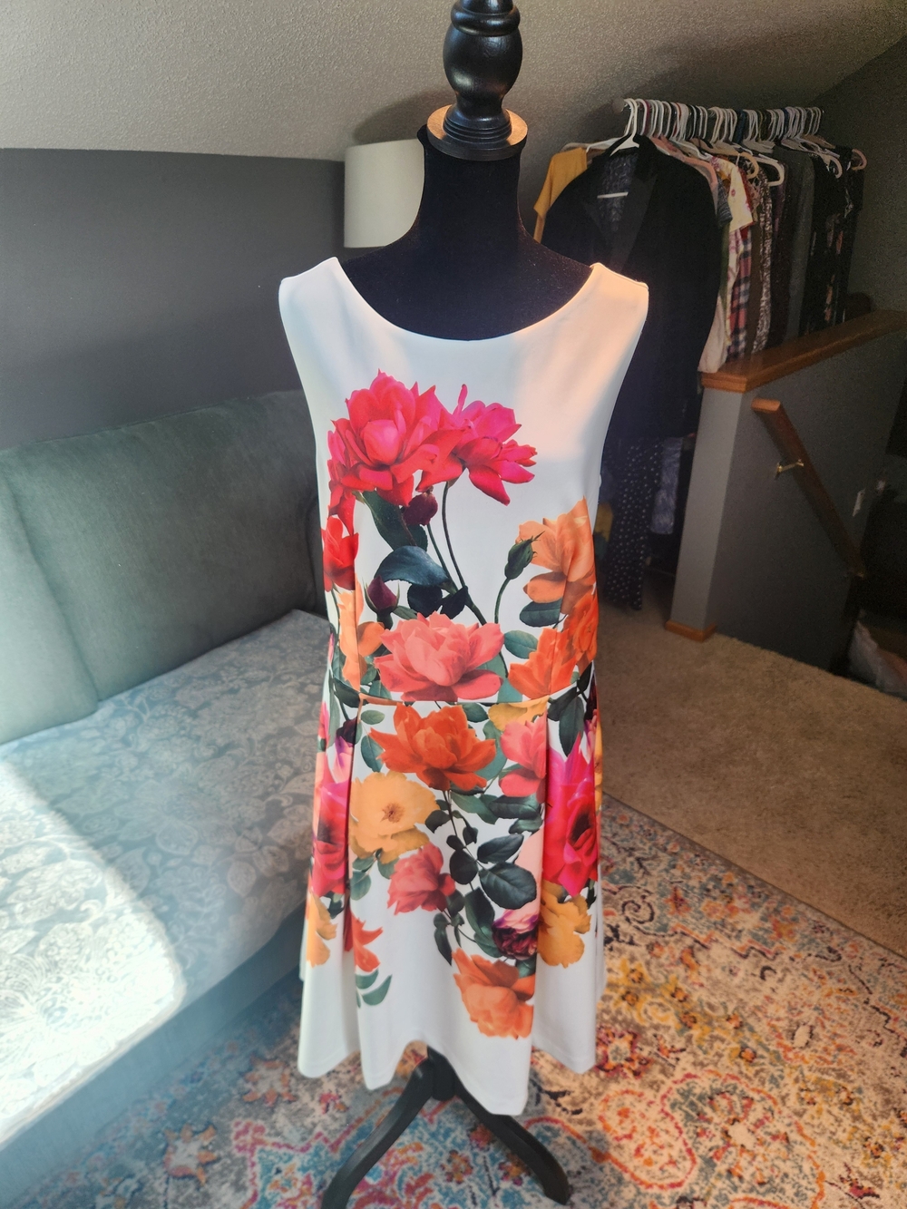 Dress Barn Floral A-Line Sleeveless Dress in White Pink & Orange Blooms Size 16